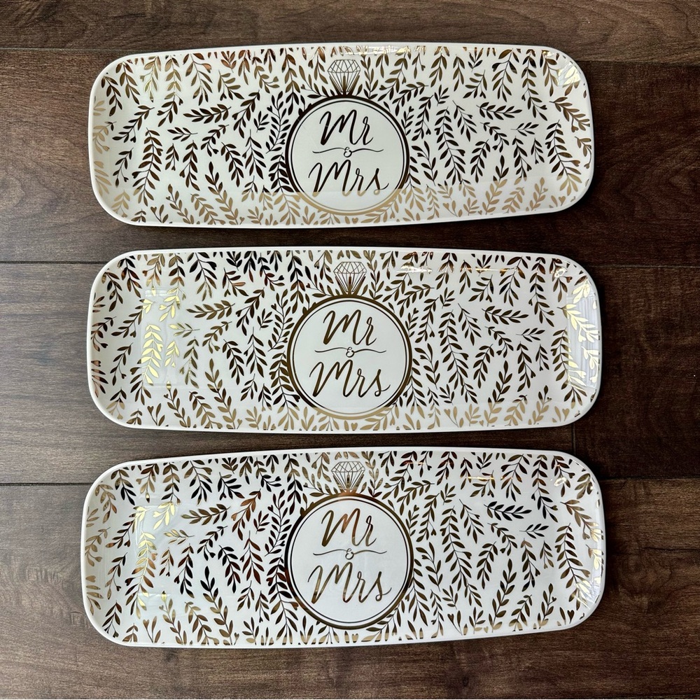Mr. & Mrs. Serving Platters - Set of 3 - Gold White Rectangular Bridal Trays